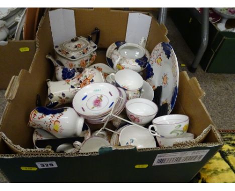 Box of Gaudy Welsh 'Tulip' ware, pink lustre floral ware and a floral pottery teapot, stand and coffeepot