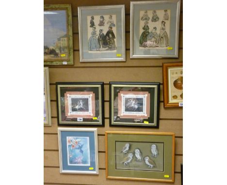 SHEILA EXCELL pastel study - barn owls, signed and dated 1979, a pair of classical equestrian and figural prints, a pair of f