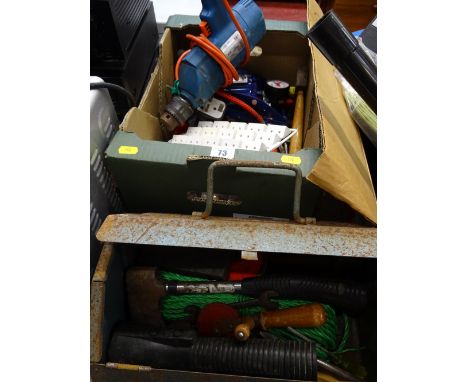 Box and a metal toolbox of garage items and tools