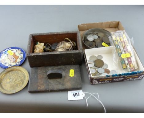 Old lidded wooden trinket box, a small parcel of coinage and four decorative writing pens