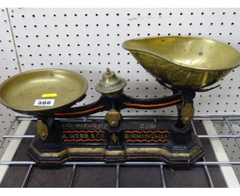Set of iron based provision scales with brass pans to weigh 2lbs by Webb, Birmingham