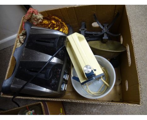Box of kitchen items including vintage scales, Kenwood Chefette 