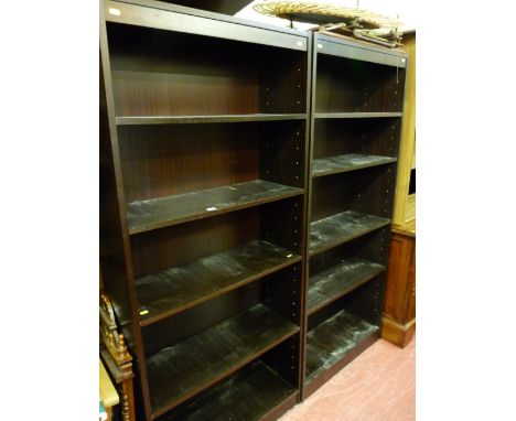 Pair of five shelf open bookcases, light wood oak effect open bookcase and a medium colour six shelf bookcase (two)