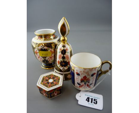 Royal Crown Derby small globular vase, a bell and a lidded patch box and a similar pattern small cup