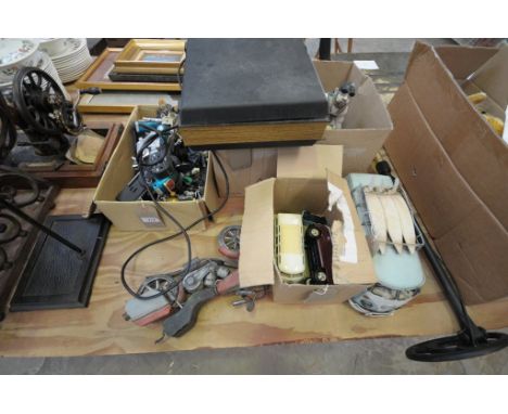 4 Boxes of miscellaneous items, die cast model cars, retro record player and a copy of the Beatles " Hard Days Night", model 