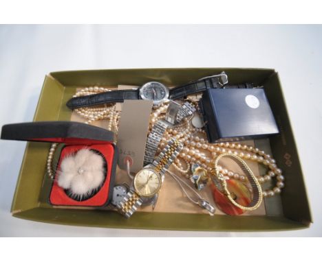 Assorted wristwatches, Timex and others, simulated pearl necklace, brooches and costume jewellery, etc.