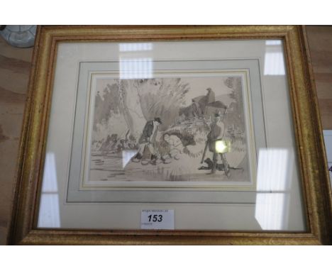 Attributed to W. Savage Cooper, 'Rabbiting' 
The monochrome sketch depicting figures hunting rabbits, unsigned, framed, 13x19