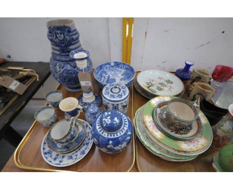 2 Trays of decorative ceramics including Spode Italian fruit bowl, blue and white landscape candlestick, Chinese blue and whi