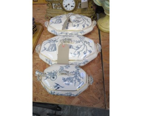 3 Earthenware Davenport " Fan " pattern tureens and a miniature cup and saucer.
