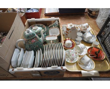 A Chinese leaf and dragonfly pattern tea service, a collection of cabinet cups and saucers including Aynsley , Minton and Cro