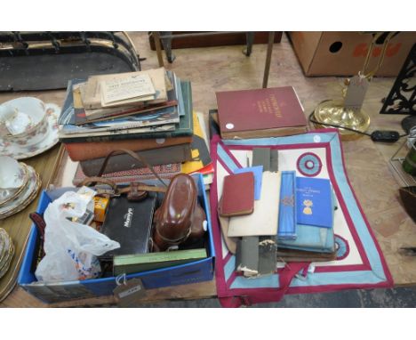 A Qty of sundry items including a cased Vito BL camera, camera effects, ephemera and assorted books, masonic items, a collect