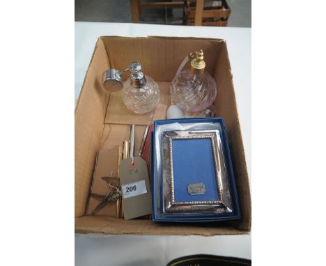 2 Boxed silver plated easel photo frames, cut glass bulbous perfume atomizer , 4 assorted pens, ladies fan,qty. 