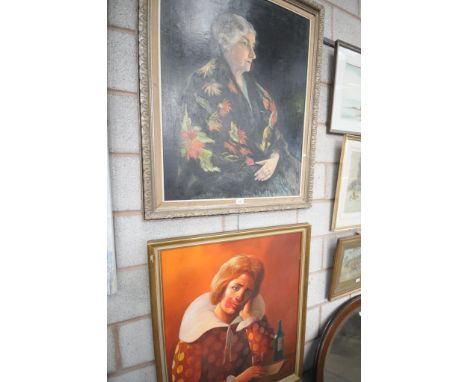 Keith English portrait of a clown , oil on canvas and a second painting portrait of a lady. (2)