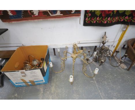 An early 20th century gilt metal 8 branch ceiling light fitting, a modern ceiling light fitting and a collection of wall ligh
