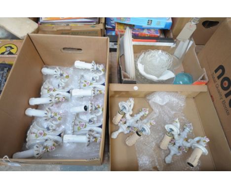A Collection of Italian ceramic flower encrusted 2 branch wall light fittings , a 5 branch ceiling light fitting, glass decan