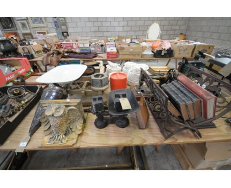 Sundry items including vintage grocers scales and weights, fire irons, a composition stone owl figural wall bracket, iron wor