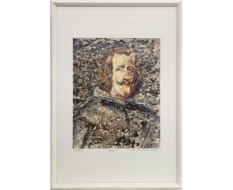 * PETER MCLAREN (SCOTTISH B.1964), PHILLIP IV, AFTER VELASQUEZ mixed media on paper, signed, titled and dated 1986 50cm x 40c
