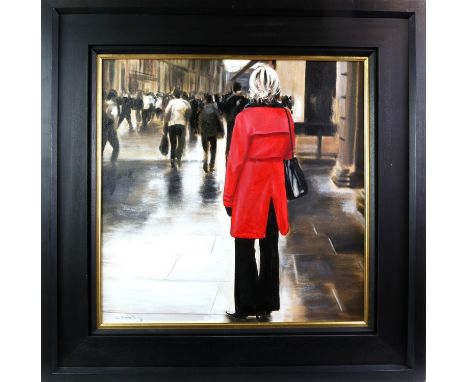 * GERARD M BURNS, RED COAT IN THE CITY (GLASGOW) oil on canvas, signed 60cm x 60cm Framed. Note: Gerard Burns is one of Scotl