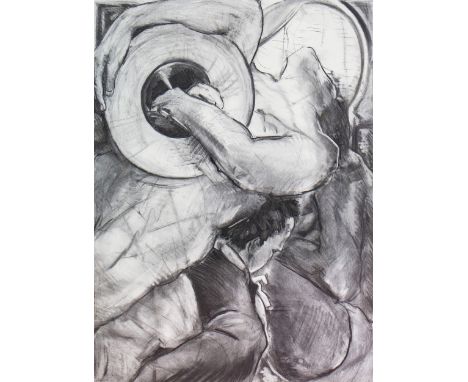 * STEPHEN CARRUTHERS (SCOTTISH b 1958), FIGURES IN MOTION charcoal on paper 100cm x 80cm Mounted, framed and under glass