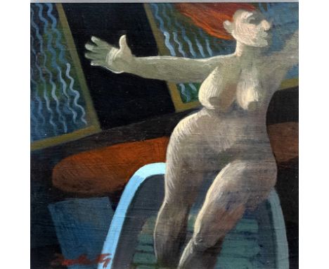 * FRANK M DOCHERTY RSW (SCOTTISH b 1942), BATHTIME acrylic on board, signed 14cm x 15cm Mounted, framed and under glass Note: