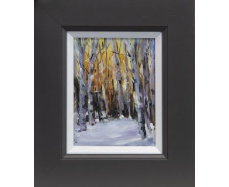 * CAROL WEST, SILVER BIRCH LIGHT oil on board, initialed 21cm x 15cm Framed.