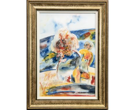 * JOHN BELLANY CBE RA HRSA (SCOTTISH 1942 - 2013), THE VENTRILOQUIST (SELF PORTRAIT) watercolour on paper, signed 55cm x 38cm