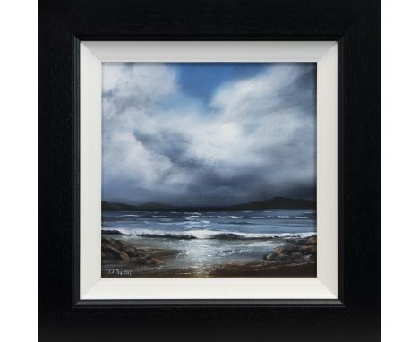 * DARREN SCOTT, DANCING LIGHT oil on board, signed, titled verso 30cm x 30cm Framed. Handwritten artist's label verso