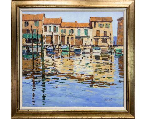 * GEORGE DEVLIN RSW RGI ROI ARWS FRSA (SCOTTISH 1937-2014), PORT OF MATIGUES, SOUTH FRANCE oil on canvas, signed 84cm x 84cm 