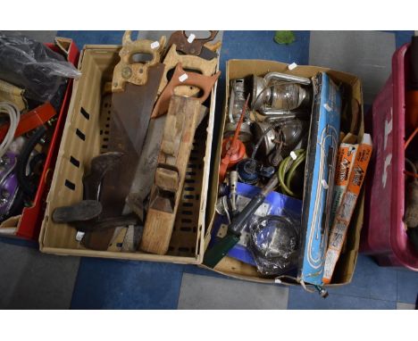 Two Boxes of Tools, Saws, Jack Plane, Shoe Last, Hurricane Lamps  etc 