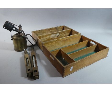 Two Vintage Knife Boxes, Brass Blow Torch and Two Wooden Cased Vintage Thermometer 