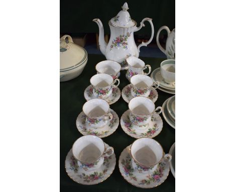 A Royal Albert Moss Rose Coffee Set Comprising Six Cups and Saucers, Coffee Pot, Cream and Sugar 