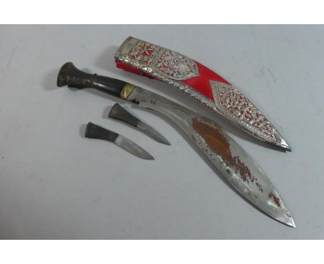 A Souvenir Kukri Knife with Daggers, in Silver Plate Mounted Scabbard 