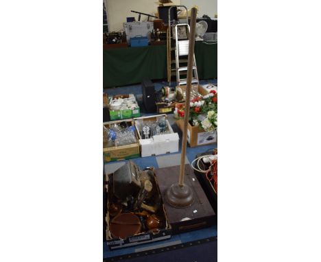 A Vintage Washing Posser, Wooden Box Containing Various Tools. Shoe Last, Collar Box etc 