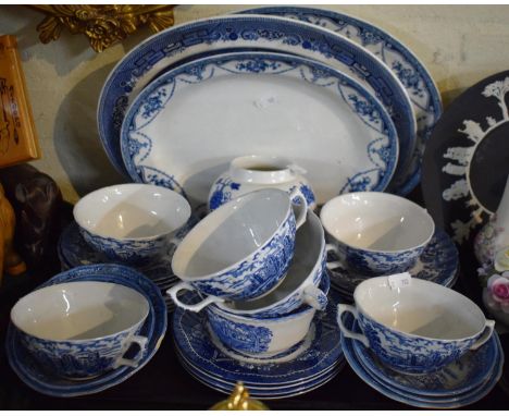 A Tray Containing Various Blue and White Dinnerwares to Include Soup Bowls and Saucers, Meat Plates etc 