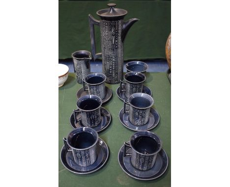 A Portmeirion Totem Pattern Coffee Set Comprising Six Cans and Saucers, Coffee Pot, Cream and Sugar 
