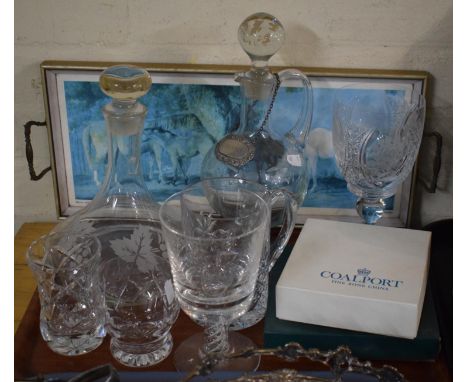 A Tray Containing Various Etched and Cut Glass to Include Ships Decanter, Sherry Decanter, Tankard, Coalport Trinket Box etc 