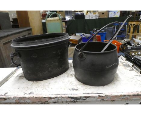 A Metal Coal Bucket and Circular Cooking Pot with Large Iron Ladle 