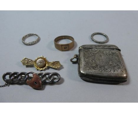 A Silver Vesta, Two Gold Mounted Brooches and Three Dress Rings Including 9ct (4g) 