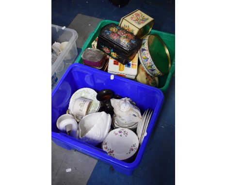 Two Boxes Containing Various Ceramic and Tins 