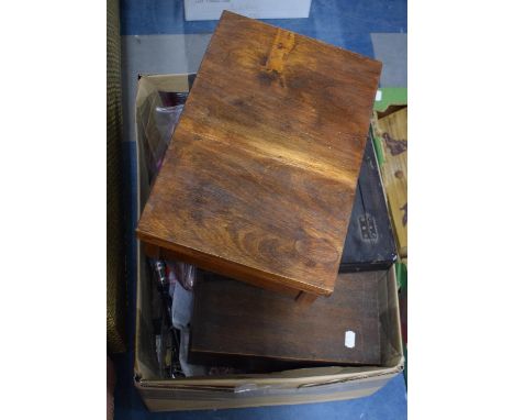 A Box Containing Various Tools and Paintbrushes, Two Wooden Boxes, Vintage Box Containing Sewing Accessories etc 