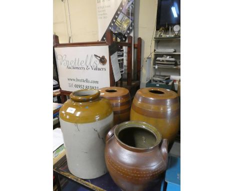 Two Treacle Glazed Ceramic Barrels, Stoneware Brewers Jar and Treacle Glazed Vase, Tallest 39cm High 