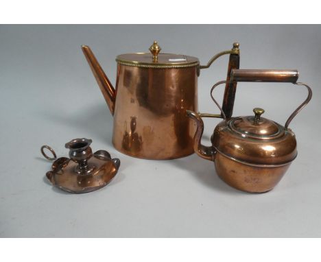 A Copper 1 Gill Teapot, Copper Bed Chamber Stick and Miniature Copper Kettle 