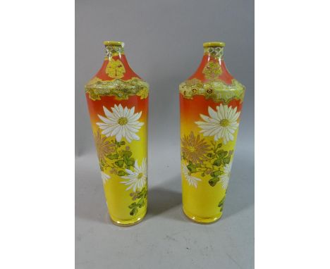 A Pair of Late 20th Century Oriental Cylindrical Vases with Applied Floral Enamel on Orange and Yellow Ground, (One Rim AF) 