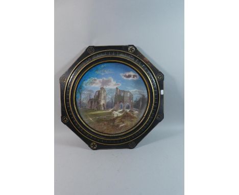 A Framed Ceramic Plaque Decorated with Castle Ruins, 57cm Diameter (AF) 