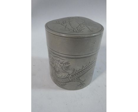 An Early 20th Century Chinese Pewter Tea Caddy with Dragon Decoration, Stamped Kut Hing Swatow, 9.5cm High 
