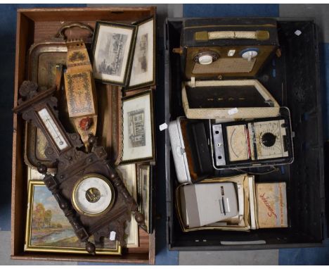 Two Boxes Containing Edwardian Barometer, Pictures and Pints, Vintage Radio, Volt Meter, Brass Enamelled Tray etc 