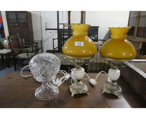 A Pair of Silver Plate and Onyx Table Lamps and a Crystal Table Lamp 