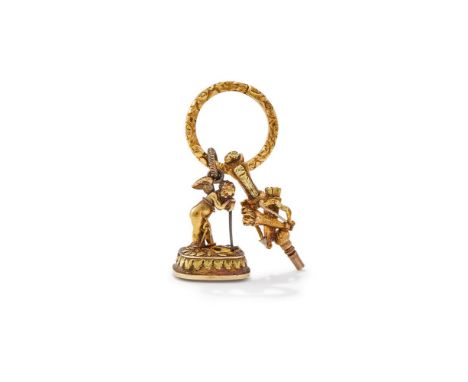 AN EARLY 19TH CENTURY FOB SEAL OF A SHACKLED CUPID AND A WATCH KEY IN THE FORM OF THE TRIUMPH OF LOVE  CIRCA 1820 The fob in 
