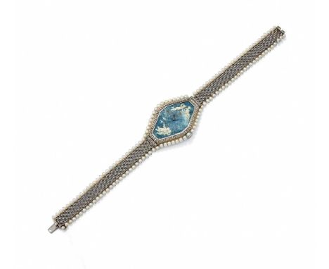 VERGER FRÉRES FOR BOUCHERON, A PLATINUM, DIAMOND AND PEARL WRISTWATCH WITH ENAMEL DIAL BY PAILLET CIRCA 1910 The elongated oc