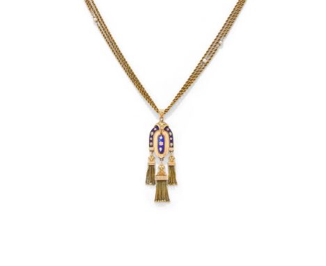 AN ENAMEL AND PEARL PENDANT NECKLACE EARLY 19TH CENTURY AND LATER The chatelaine style pendant with royal blue enamel detail 